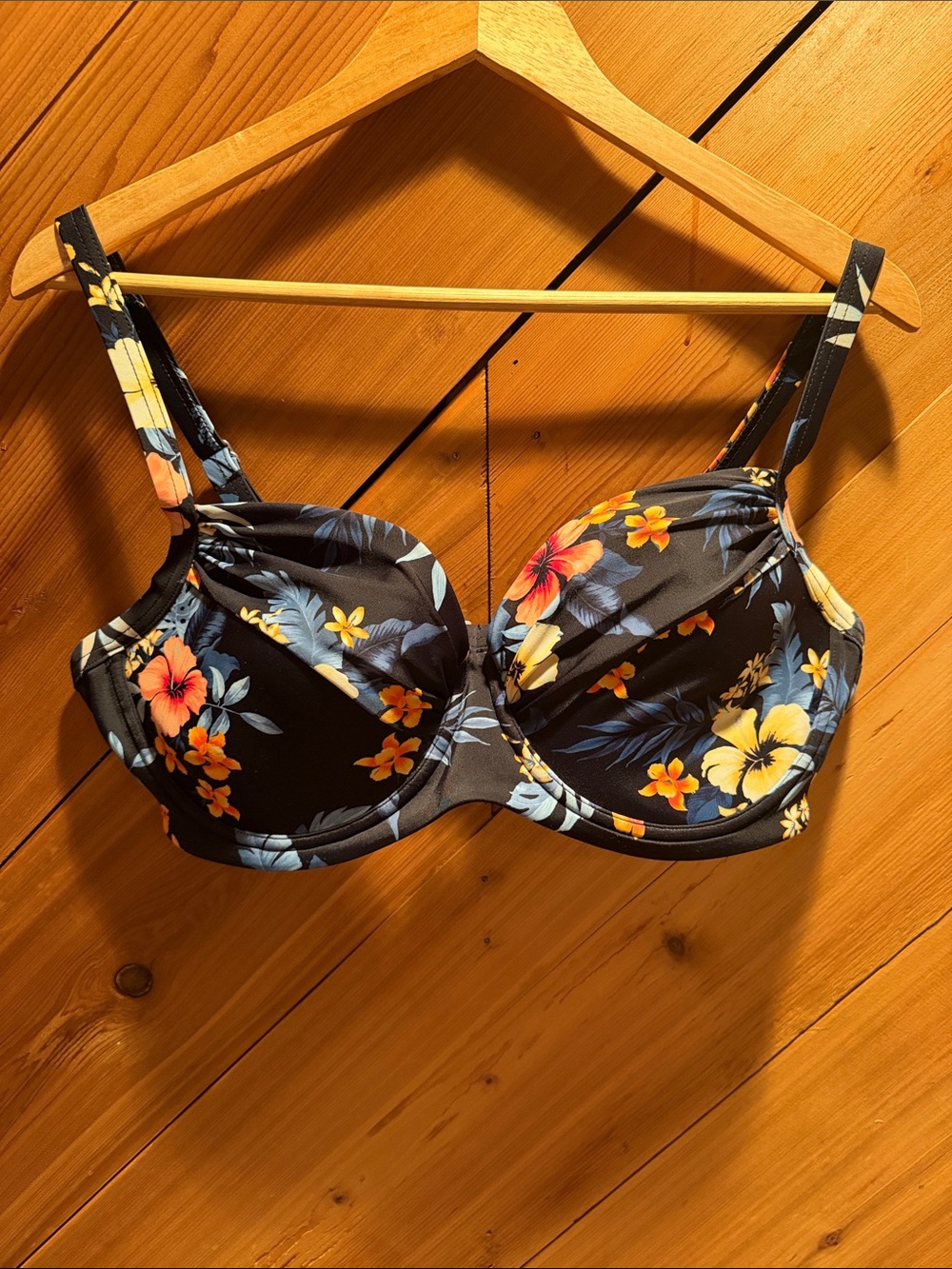 Lands' End Black Floral Underwire Bikini Top with Yellow & Coral Flowers